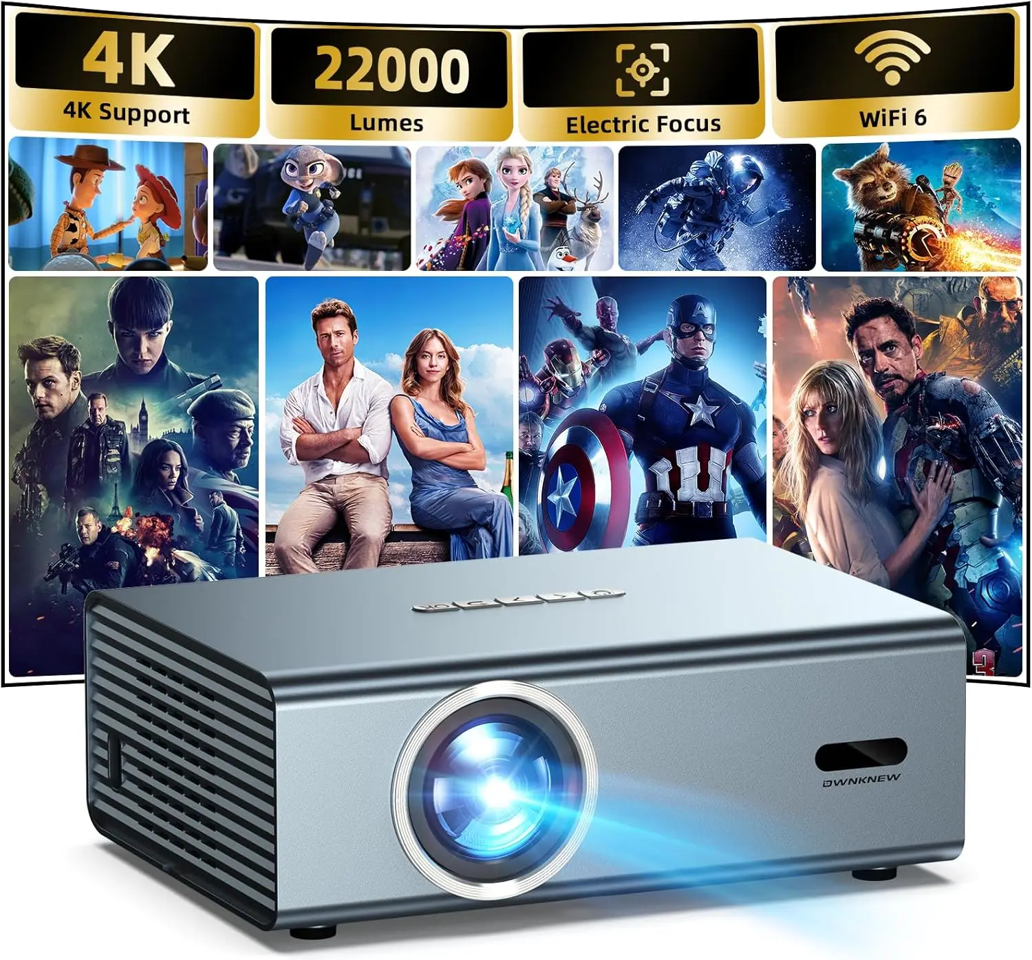4K Support Projector with WiFi6Summervibes  & Bluetooth 5.3, Electric Focus, Auto Keystone Correction, 1080P Native Resolution, 22000 Lumes, Outdoor Gaming Movie Proyector,summerwins
