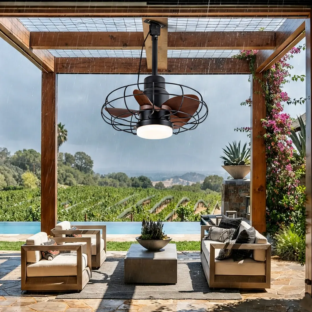 ARCH 20 inch Outdoor Ceiling Fan with Light for Patio Gazebo Pergola, IP65 Waterproof Caged Hanging Fan with Remote Control, Plug in No Tools Required, Black ABS, Adjustable Ratchet Strap Mounting, 2 Hanging Rods Included, Black Color Options