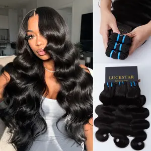 LUCKSTAR Body Wave Human Hair Bundles, Double Drawn Ultra Thin Weft Cuticle Aligned Sew-In Extensions, Reusable Dyeable Long-Lasting Professional Bundles of Human Hair