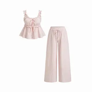 Cider Cotton-blend Stripe Drawstring Ruffle Hem Tank Top & Low Rise Drawstring Trousers Loungewear Set