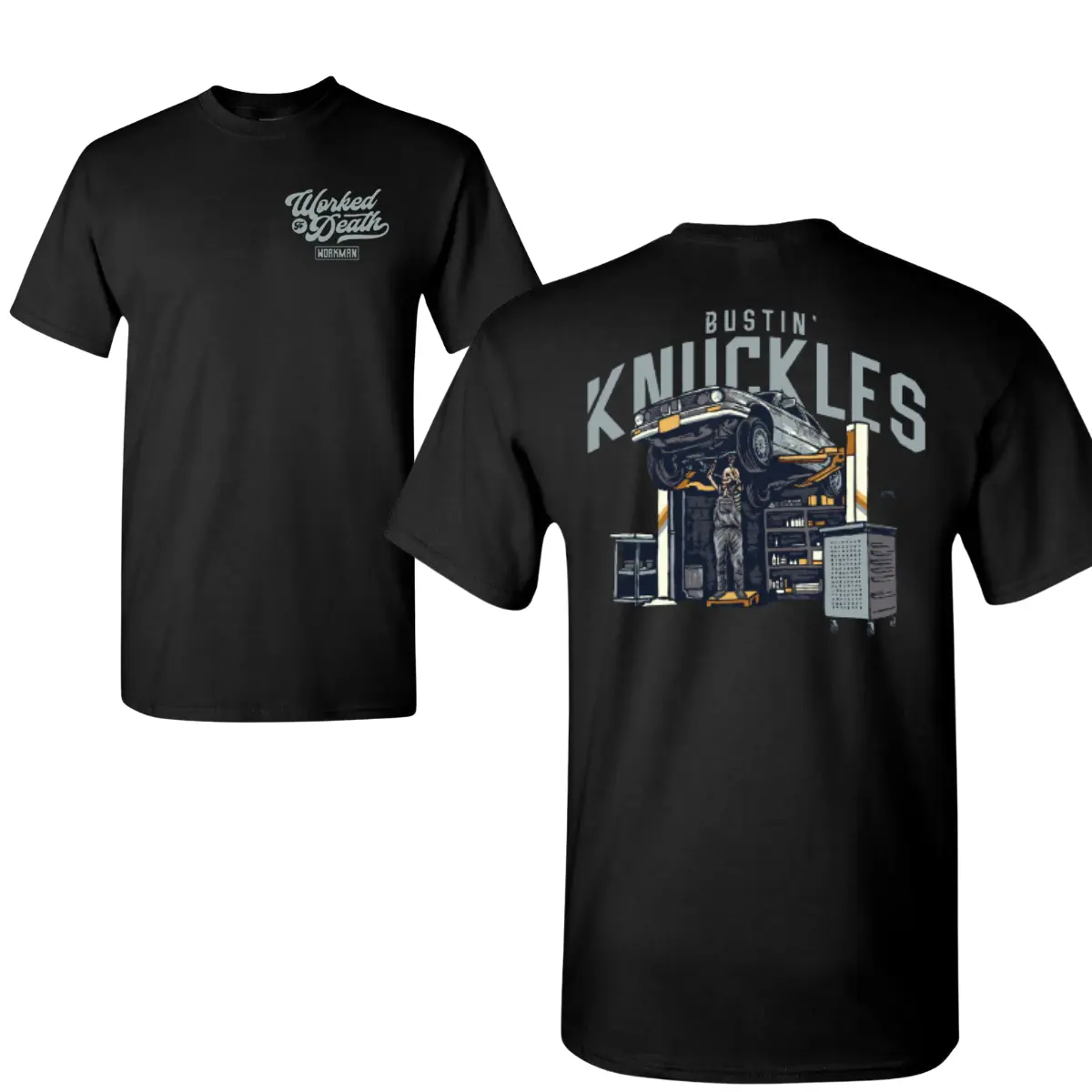 Bustin' Knuckles T-Shirt - Short Sleeve Cotton Blend Streetwear Top, Funny Mechanic Gift for Men, Casual 2-Sided Shortsleeve Top, Tshirt, Menswear, Mechanic Theme, Round Neck, Two-Sided Print