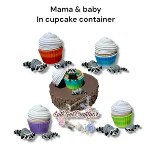 Raccoon Mama & Baby in cupcake container | 3d printed figurines| Deck buddies. Perfect for Birthday celebrations.