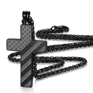 Fathers Day Gift American Flag Cross Necklace for Men Bible Verse, Joshua 1:9 Christian Religious Scriptures Faith Baptism 1st First Communion Cross Pendant Chain for Boys,Father Day Gifts for Dad Jewelry