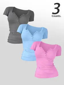 Women's Colorblock Round Neck Button Tee, Casual Basic Short Sleeve Summer T-shirt for Daily Wear, Ladies Clothes for All Seasons, Top, Casual Office Top, Womenswear