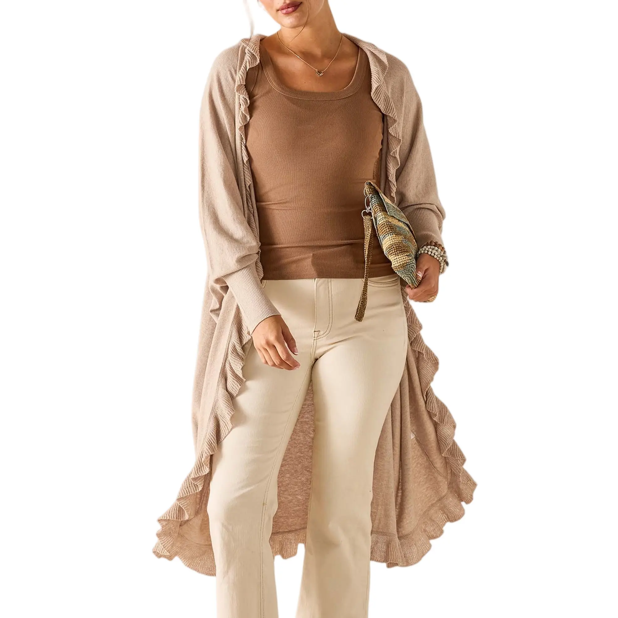 Hixiaohe Women's Chic Cardigan, Elegant Ruffle Trim Cocoon Wrap, Lightweight Knit Sweater for Soft Aesthetics, Ribbed, Cuffed, Tops