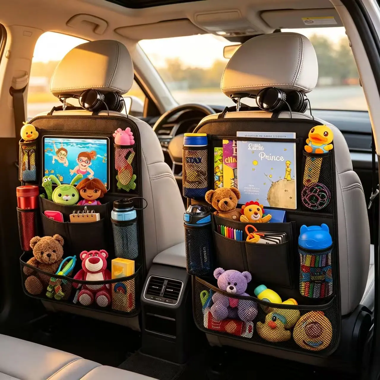 2 Pack Car Backseat Organizer with 10 Storage Pockets - Seat Back Protector Kick Mats for Kids Toddlers - Perfect Gift for Moms, No More Messy Car Travel Accessories for Family Car Headrest Hook