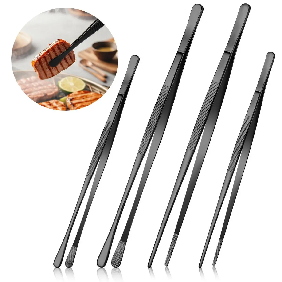 4 PACK Kitchen Cooking Tongs Tweezers, Fine Tweezers Tongs with Precision Serrated Tips, Extra-Long Stainless Steel Tweezers for Chef, Serving Food, Grill, Salad, BBQ, Barbecue Utensils, Grilling Accessories