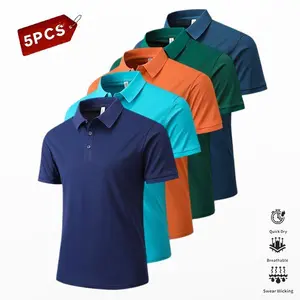 Men’s 5-Piece Summer Polo Shirt Set – Solid Color, Casual Design, Stylish and Versatile, Suitable for Leisure, Business, and Sports; Orange/Black/Navy Blue/Green Combo Set
