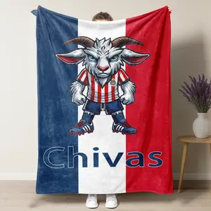 Chivas de Guadalajara GOAT Mascot Soccer Blanket – Bold Cartoon Goat in Chivas Striped Jersey on Red, White & Blue Background, Perfect Blanket for Soccer Fans, Cozy Couch/Bed Decor