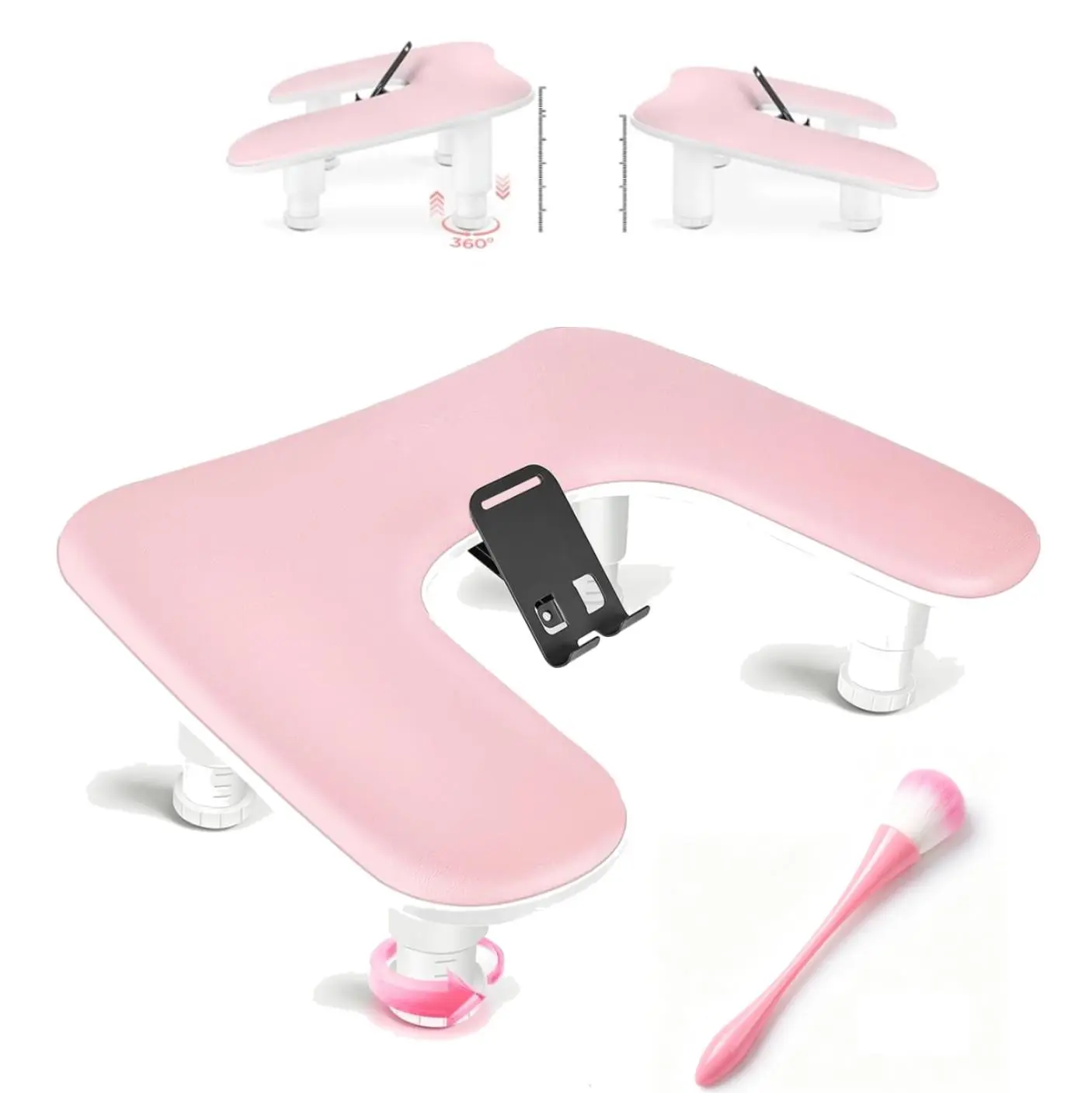 Pink U-Shaped Adjustable Height Unisex Nail Care Manicure Armrest - 1 Piece, Ergonomic Non-Slip PU Leather Support with Phone Holder, Dust Brush, Reduces Long-Term Fatigue for Indoor Use Nail Salons, Home Use