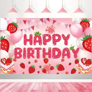 1pc Strawberry Birthday Backdrop Banner, Cute Strawberry Design for Party Decor, Baby Shower, Indoor Outdoor Photography