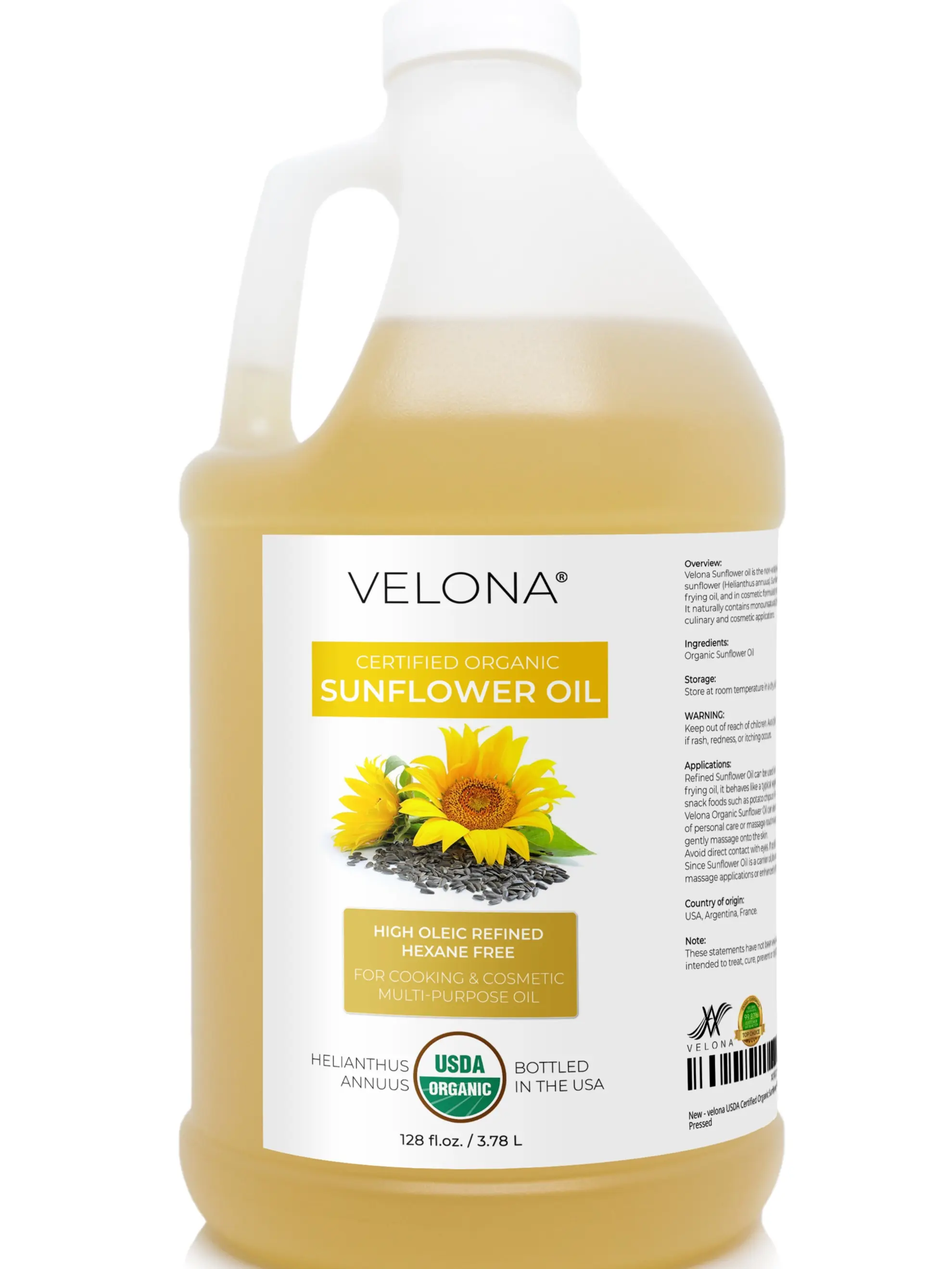 velona USDA Certified Organic Sunflower Oil - 1 Gallon / 128 Fl Oz | 100% Pure and Natural Carrier Oil | High Oleic, Refined | Cooking, Skin, Hair, Body & Face Moisturizing