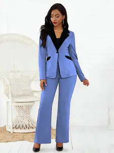 Business Style Spring Summer Trendy Women's Two-Piece Set, Colorblock Lapel Button Long Pants, Commuter Professional