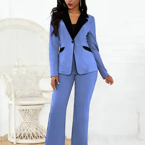 Business Style Spring Summer Trendy Women's Two-Piece Set, Colorblock Lapel Button Long Pants, Commuter Professional