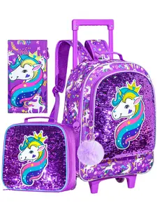 Kids Rolling Backpack for Girls, Roller Wheels Bookbag - Wheeled Elementary Sequin School Bag Cute Backpack - 3PCS Unicorn Purple