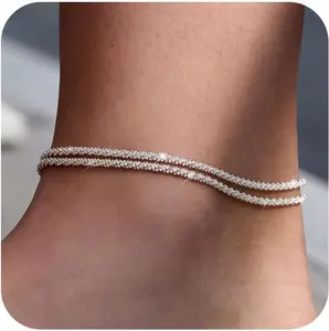 TEWIKY Dainty Layered WaterproofAnklet For Women Adjustable WomensAnklet Set Stackable Figaro BeadedCuban Link Anklets Beach For Summer