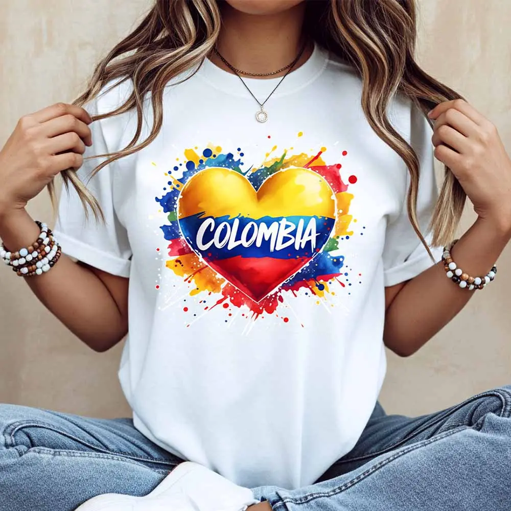 Colombia Flag Heart Print T Shirt Women Casual Short Sleeve Top Fashion Graphic Tee Unisex Streetwear Style
