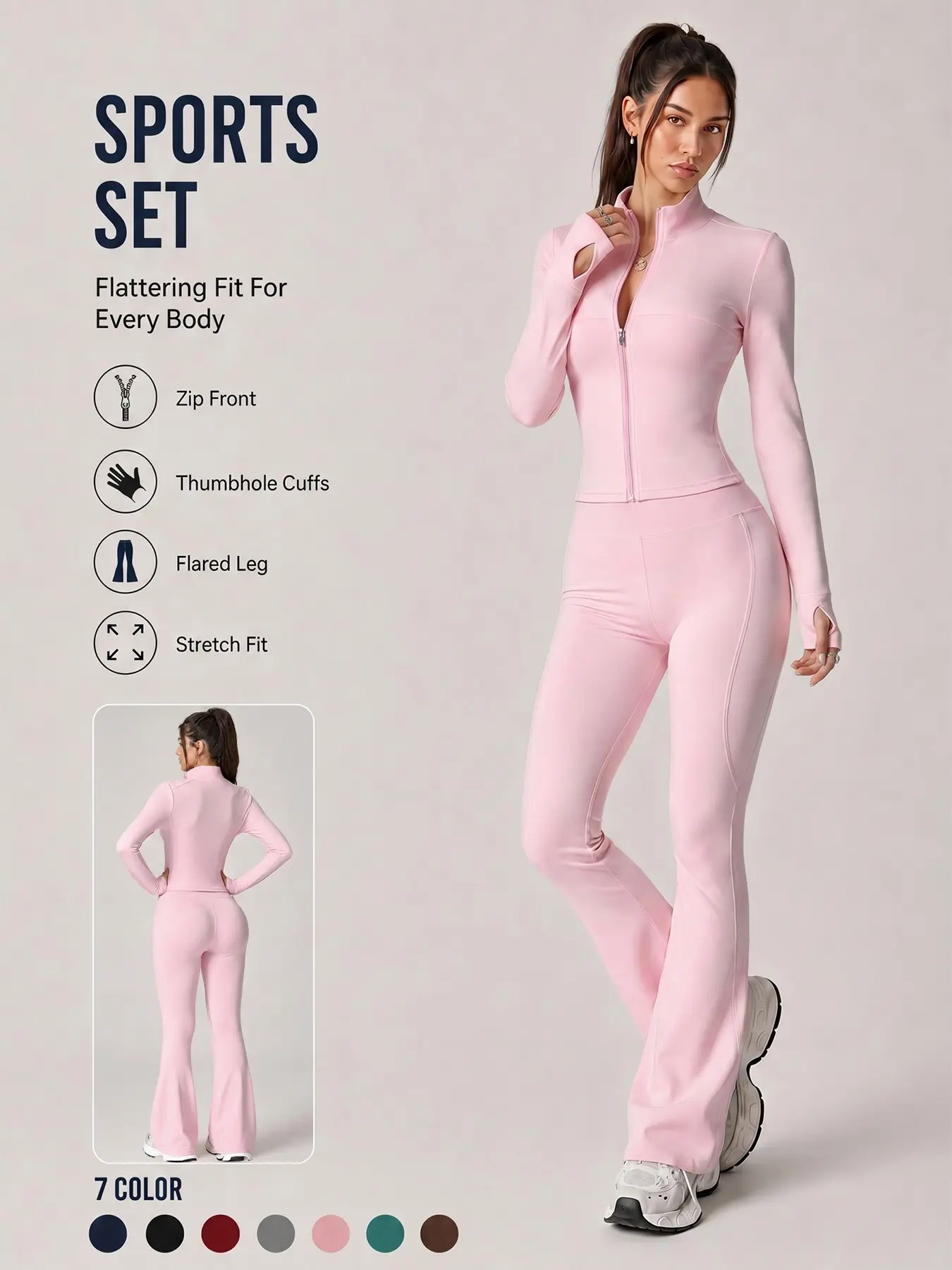 2-Piece Women's Solid Color Long Sleeve Thumb Holes Zip-Up Jacket & Stretchy High-Waisted Butt-Lifting Flare Pants Sports Set, Comfortable Breathable Body Shaping Outfit for Yoga, Gym and Running, Casual Versatile Activewear