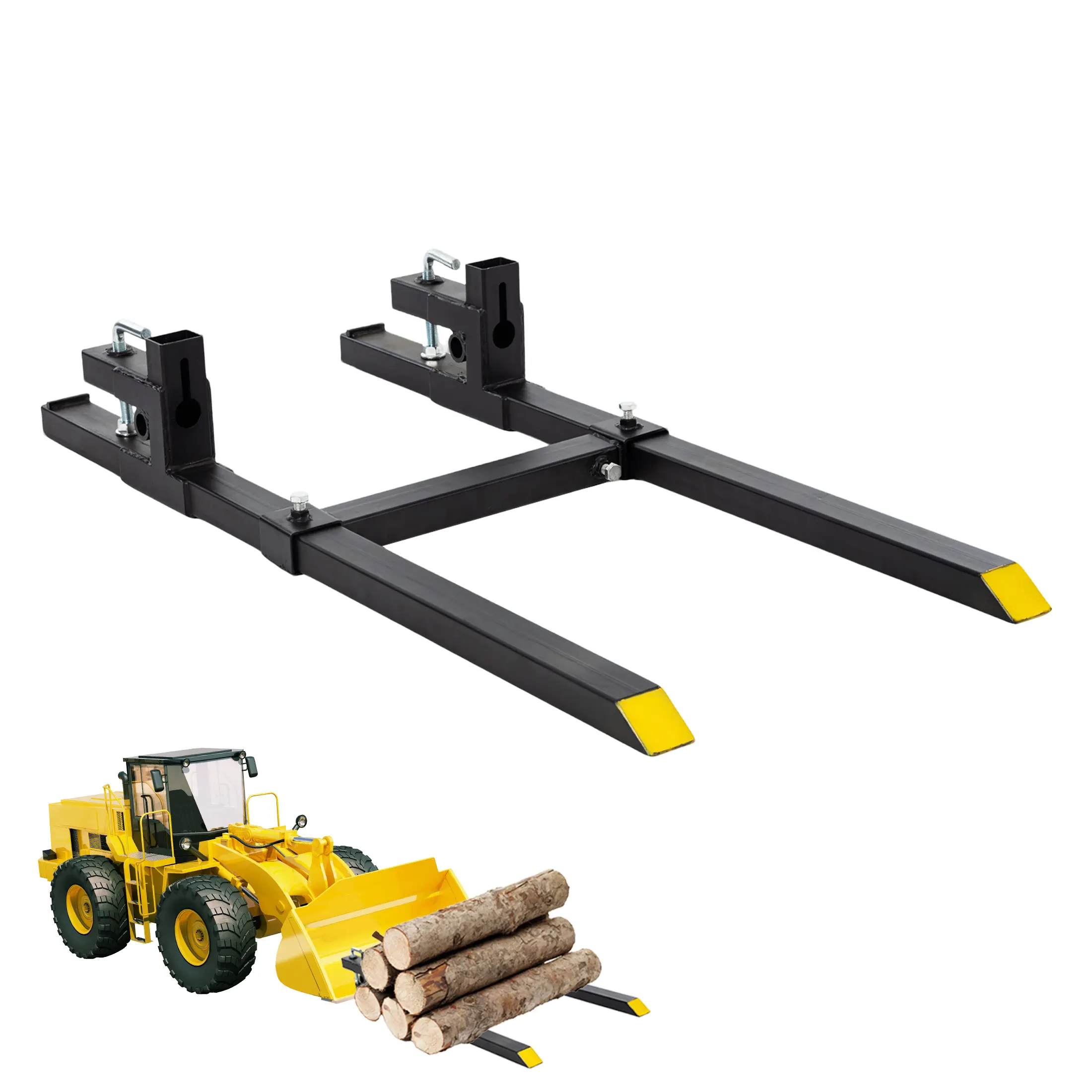 Sweetcrispy Clamp-On Pallet Attachments for Farming, Heavy-Duty 2000 lbs Metal Units with 43 in Length, Adjustable Stabilizer Bar-Width & Forks, Quick Installation, Weight Distribution, Universal Fit for Loader Bucket, Skid Steer, Construction, Landscapin