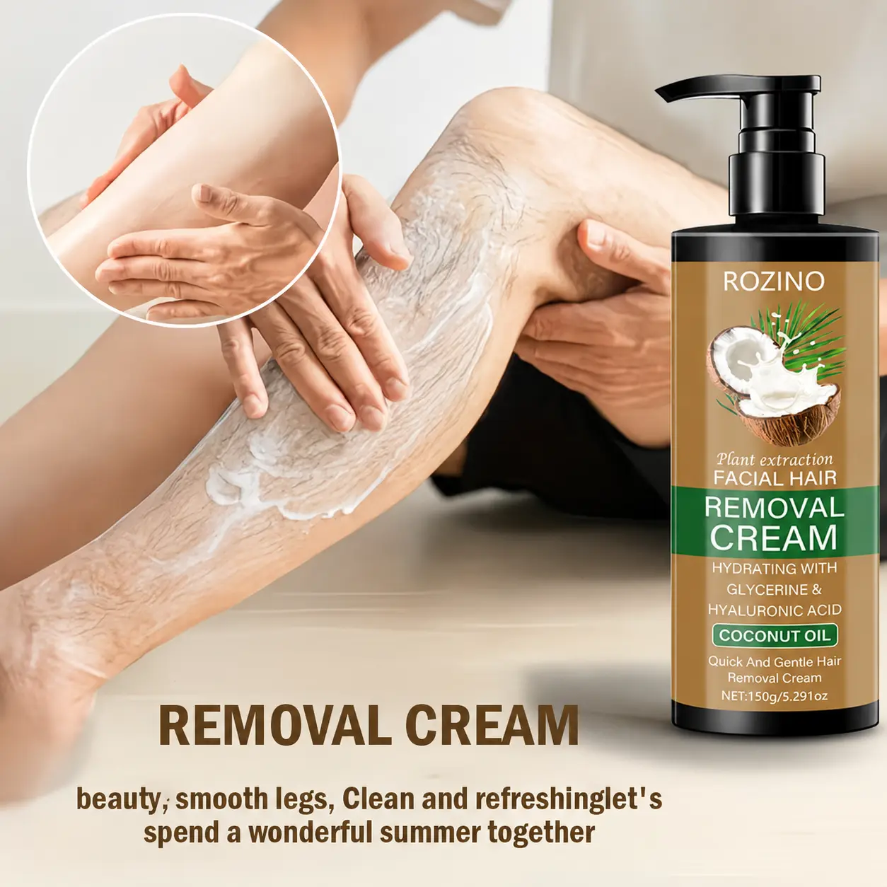 ROZINO Gentle Depilatory Cream for Hair Removal, with Coconut Oil & Hyaluronic Acid for Sensitive Skin - Painless for Face, Body & Bikini, 150g, At Home Hair Removal, Hair Removal Lotion