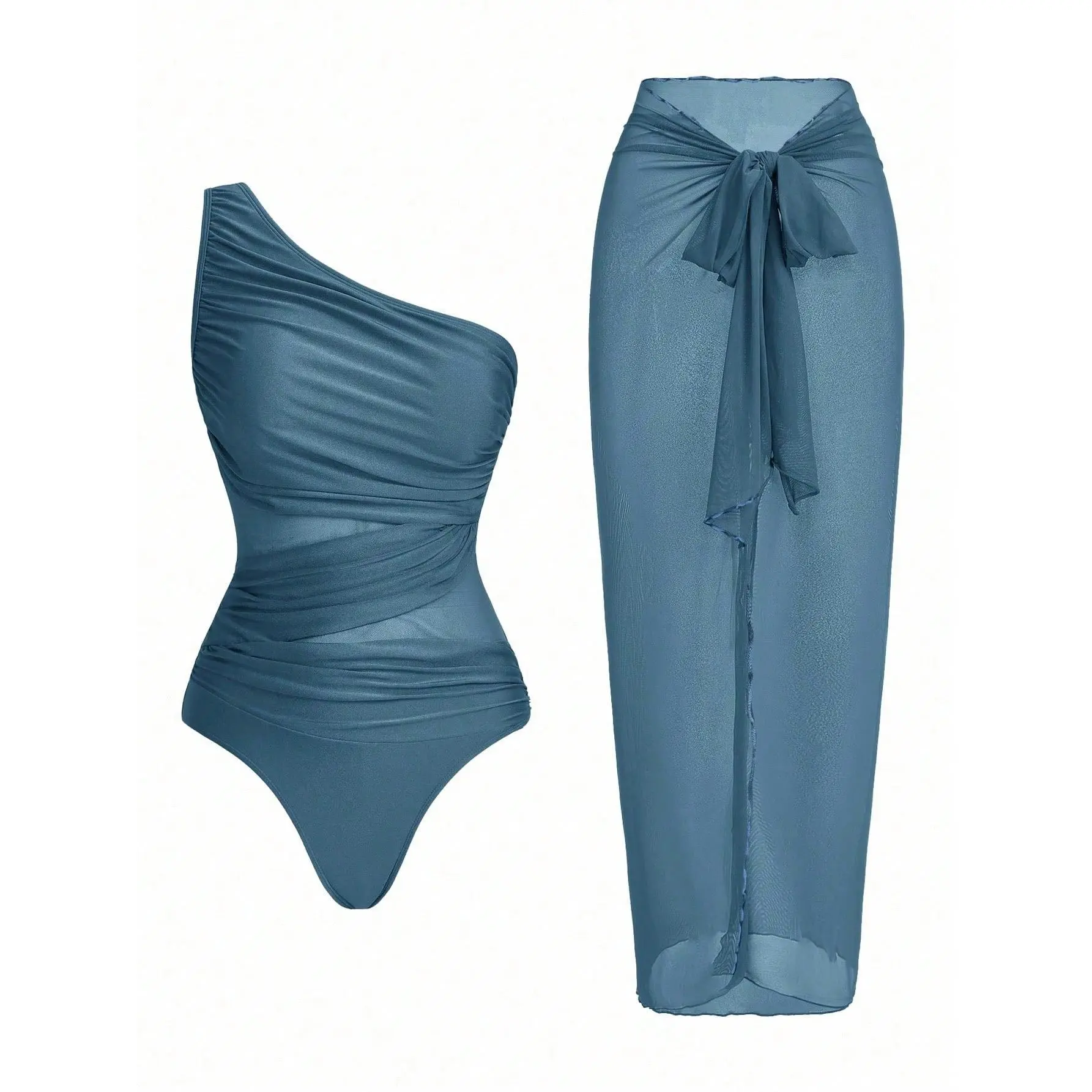 Women's 2-Piece High Waist Swimsuit Set - 1-Shoulder Ruched Top, Sheer Sarong Skirt, Quick Dry Sports Swimwear for Women (Multi-Size), Swimsuit For Women