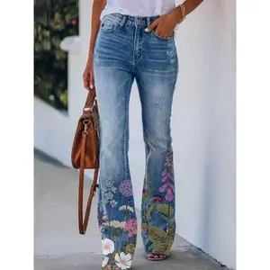 Women’s High-Waisted Flared Jeans – Casual Streetwear Denim Pants with Floral Print, Stretch Comfort, Machine Washable