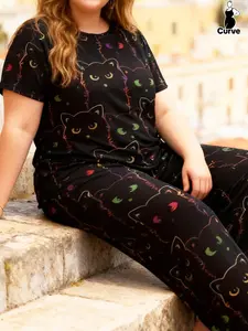 Women's Plus Size Casual Home Set, Cute Cartoon Cat Print Short Sleeve T-Shirt & Long Pants Sleepwear, Spring & Fall Fashion