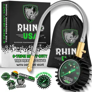 Rhino USA Heavy Duty Tire Pressure Gauge (0-75 PSI) Certified ANSI B40.1 Accurate, Large 2" Glow Dial, Premium Braided Hose, Solid Brass Hardware