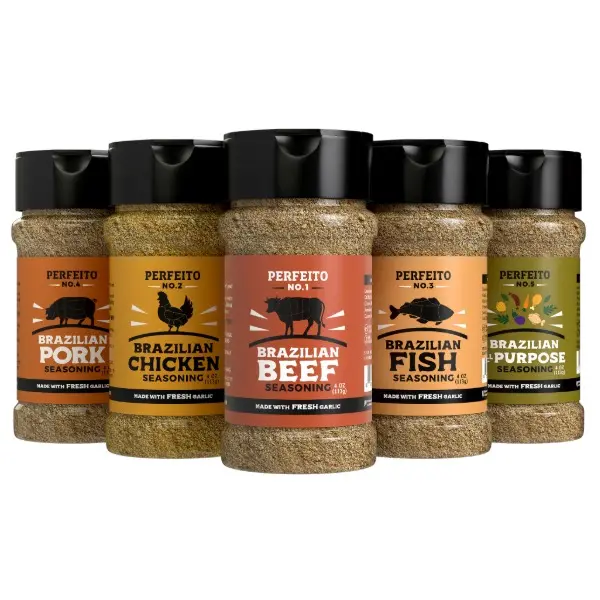 Essential Bundle - All 5 Brazilian Seasonings - Unrefined Sea Salt, Fresh Garlic, Bay Leaves, Nutmeg, Cloves, Black Pepper Seeds, Jamaican Pepper, Cumin, Basil, Thyme, Oregano - Gluten-Free, Preservative-Free, Artificial Color-Free - 4 oz Each