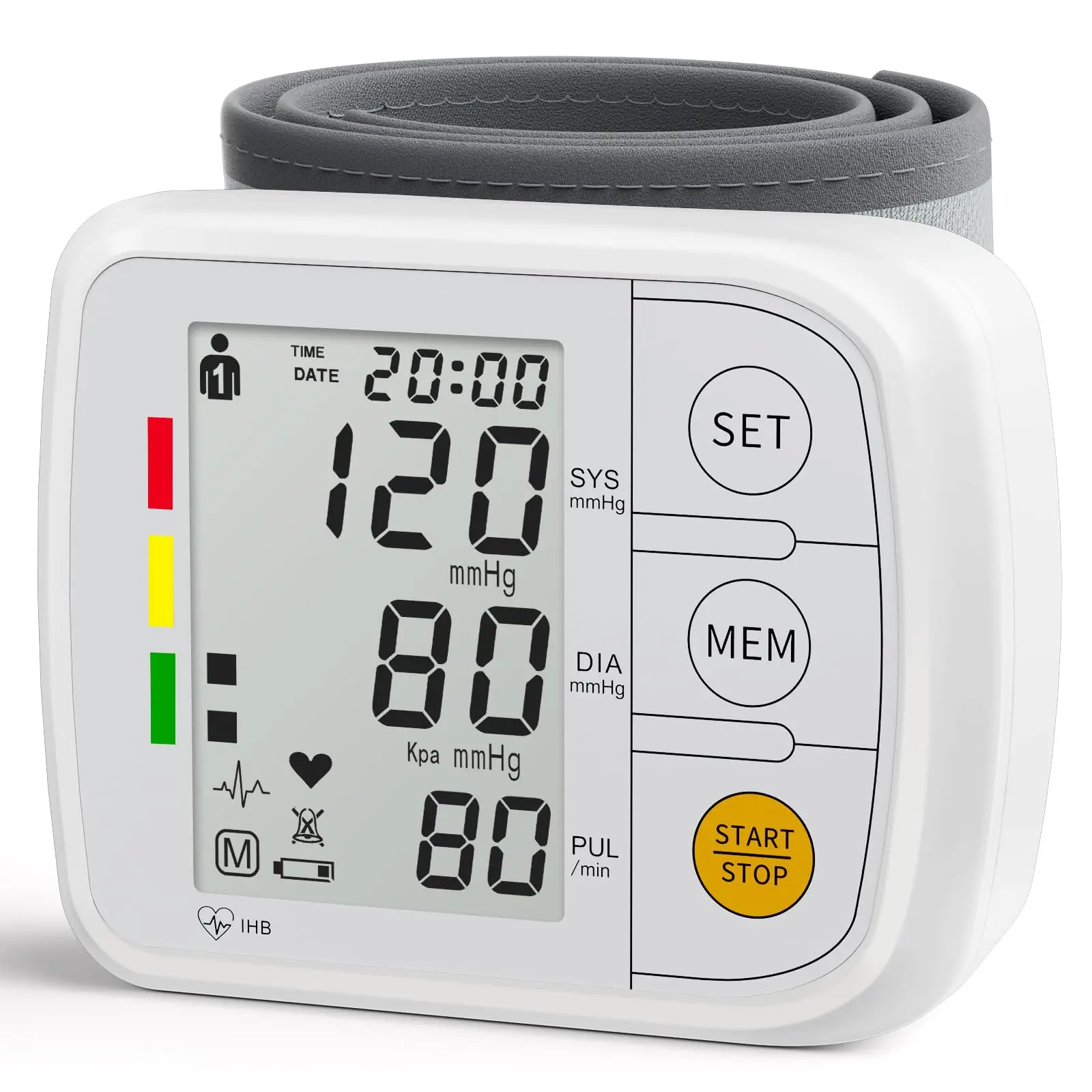Automatic Wrist Digital Display Blood Pressure Monitor (Health Monitor), 5.3–7.7" Fit Adjustable Wristband, Home Use, Voice Broadcast, Dual-Person 2x120 Memory, Portable Case, AAA Batteries Included, Arrhythmia Alert, Clinical Test, Large Screen (White)