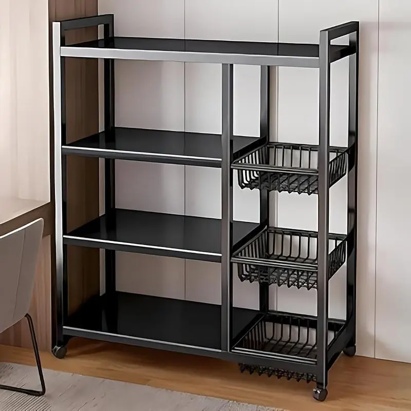 Adjustable 4 Tier Metal Shelf Rack with 3 Wire Baskets - Movable Storage Organizer for Kitchen Garage Bathroom Pantry Closet - Space Saving Heavy Duty Shelving Unit Mount Steel Cubby Shelf