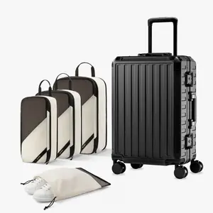 LUGGEX 21 Inch Carry On Luggage with Spinner Wheels, 8010S Aluminum Frame Zipperless Polycarbonate Hard Shell Suitcase with Packing Cubes & Shoe Bag
