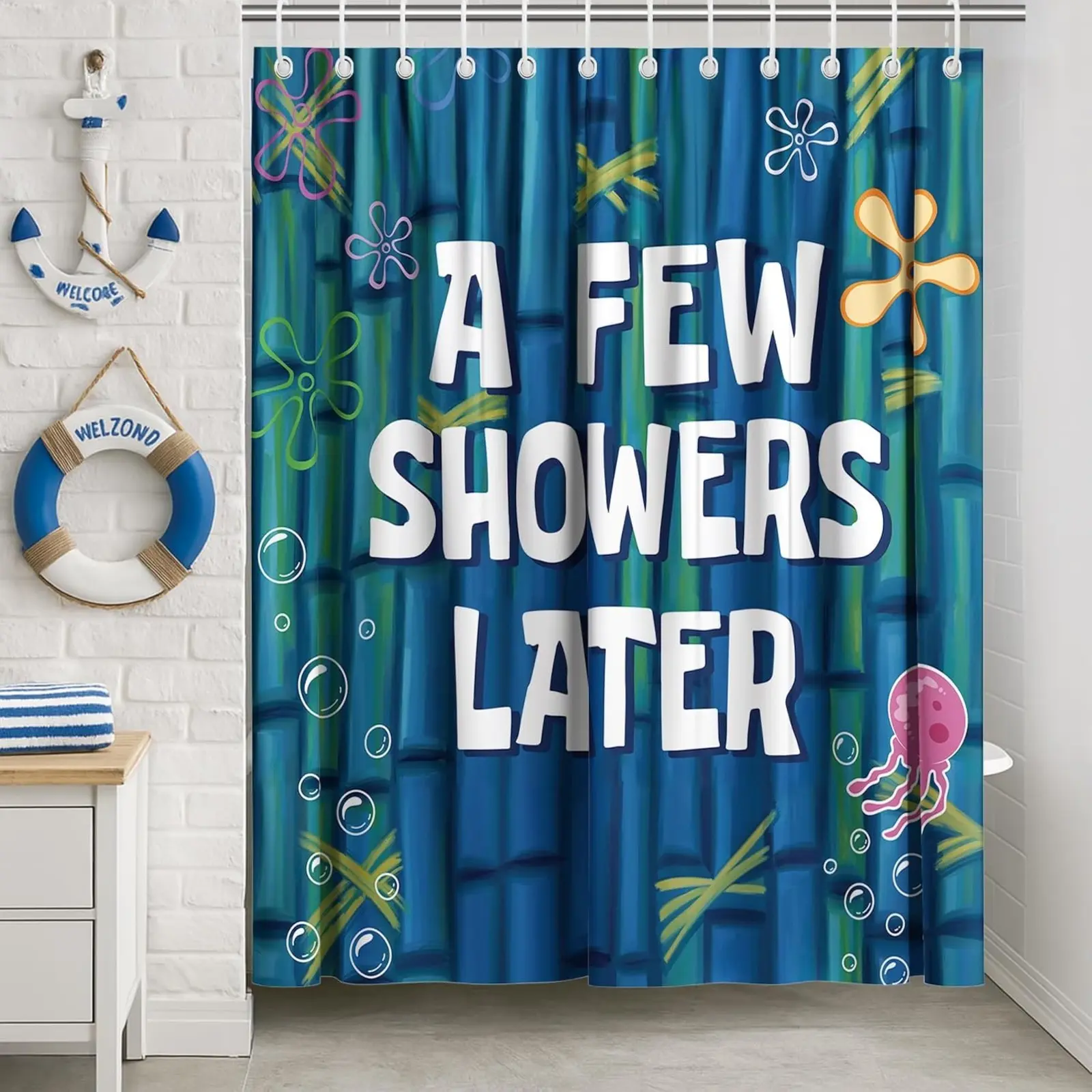 【Summer Vibes】Funny Ocean Shower Curtain 60x72 66x72 72x72 inch with Hooks, Cute Cartoon Blue Sea Bathroom Decor, Waterproof Polyester Fabric for Women, Girls, and Humor Lovers