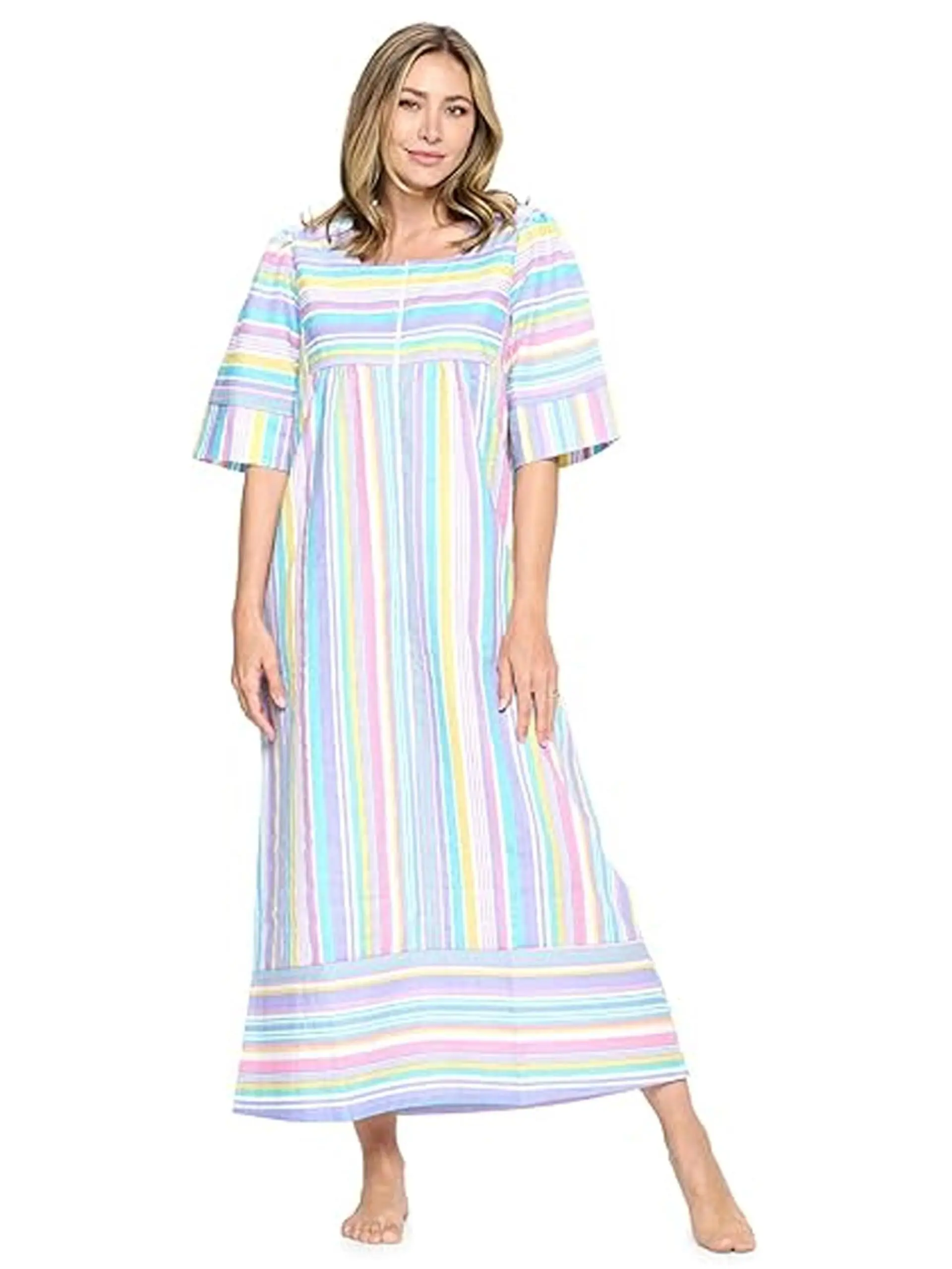 Casual Nights Women's Zip Front Woven House Dress | 3/4 Sleeves Housecoat Long Duster Lounger