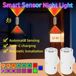 USB Rechargeable Smart LED Night Light with Motion Sensor, RGB Gradient Dimmable Wall Lamp for Indoor Ambient Lighting, Magnetic Step Lamp for Bedroom, Entryway, Hallway, Desk or Stairs – Convenient Room Decor Lampu with Easy Charging