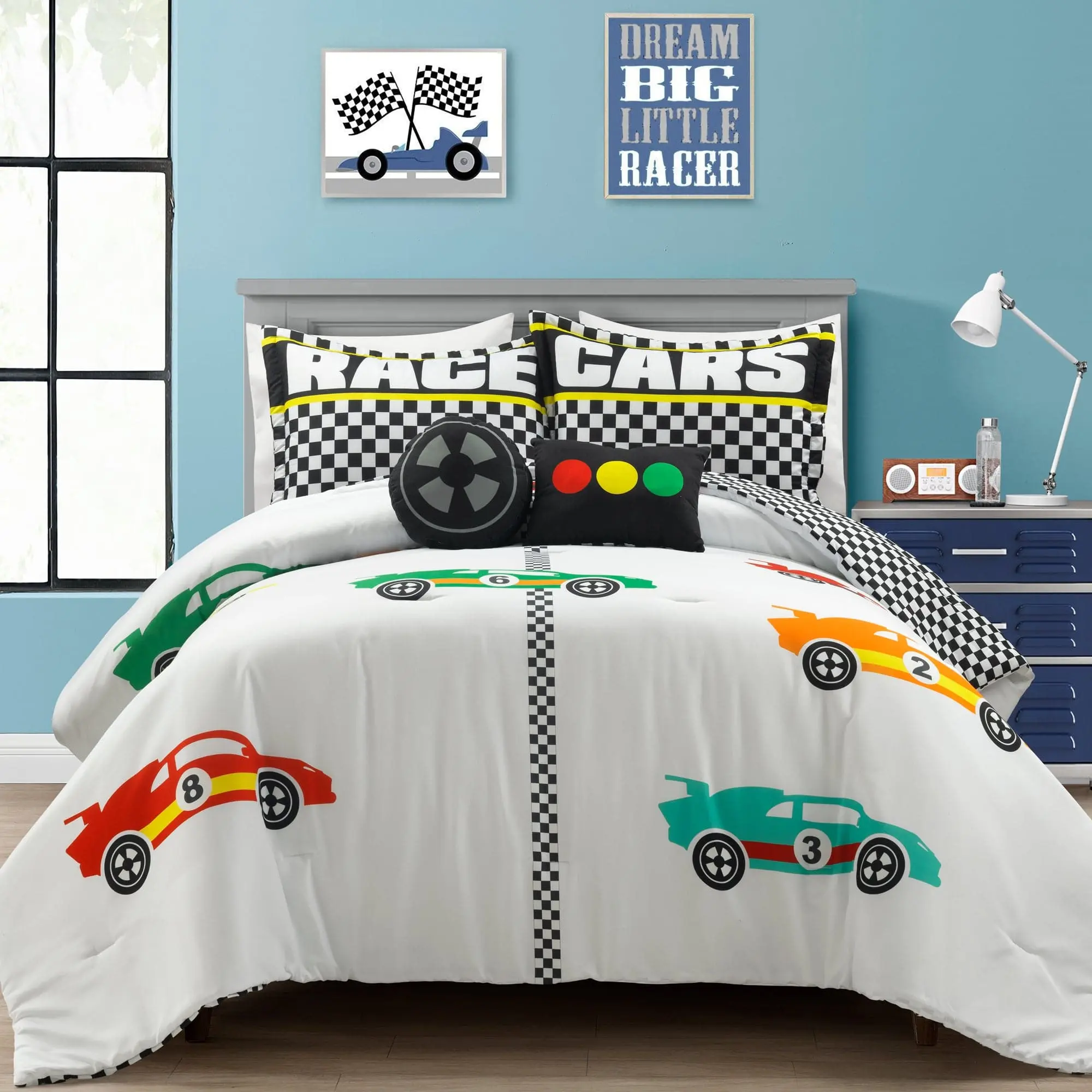 Lush Decor Playful Motorsport Racing Cars Reversible Polyester Comforter Bedding Set - Multi-Size, Oversize Fit, Full/Queen, Bedroom Decor, with Decorative Pillows