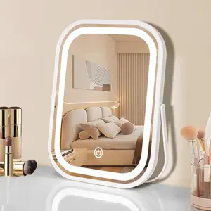 Portable LED Makeup Mirror with Lights, Rechargeable Travel Vanity Mirror, Dimmable Touch Screen, Folding Compact Tabletop Mirror for Makeup