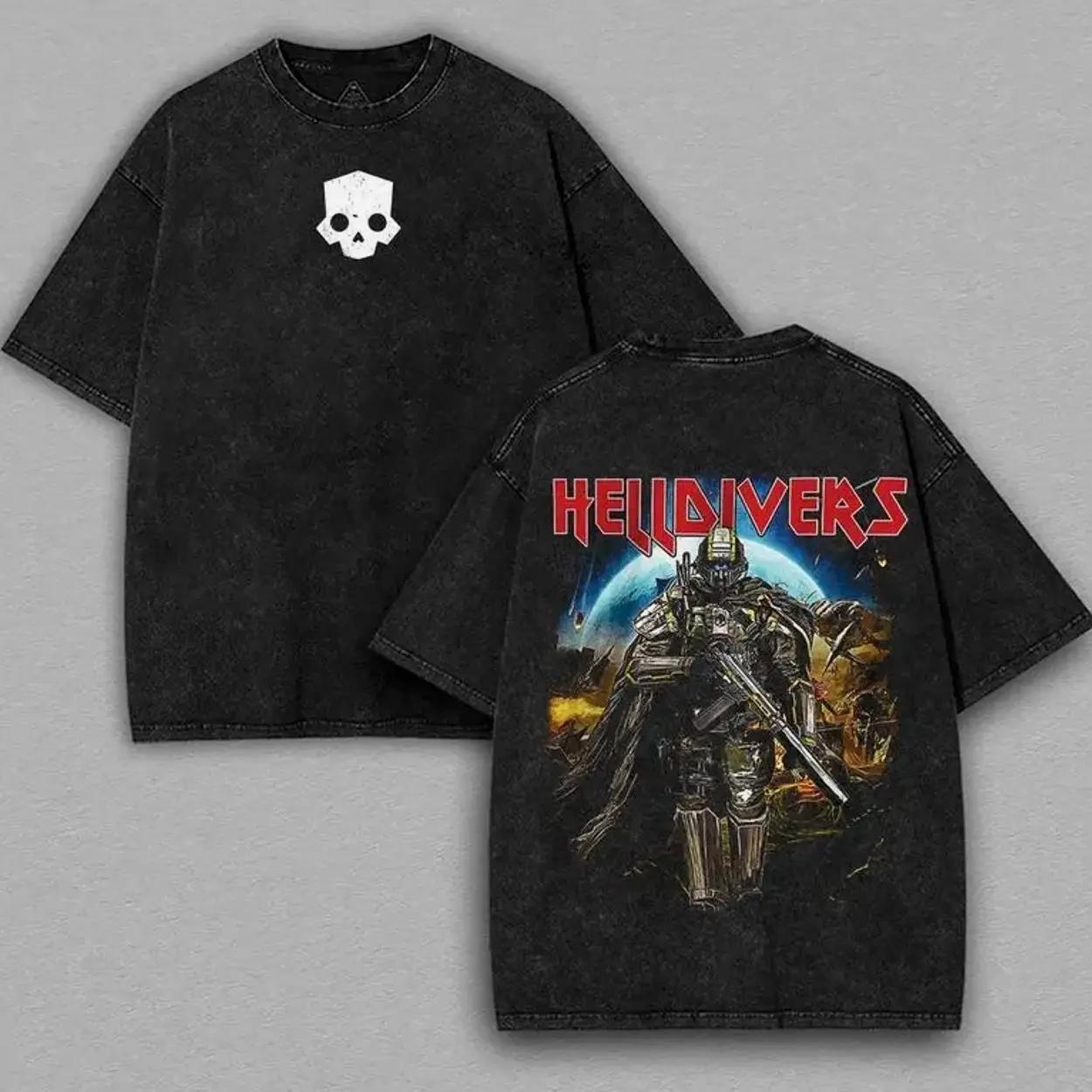 Helldivers 2 Skull Game Washed Tshirt Oversize 2 Sided Cotton unisex  game movie merch Streetwear helldivers shirts men O88