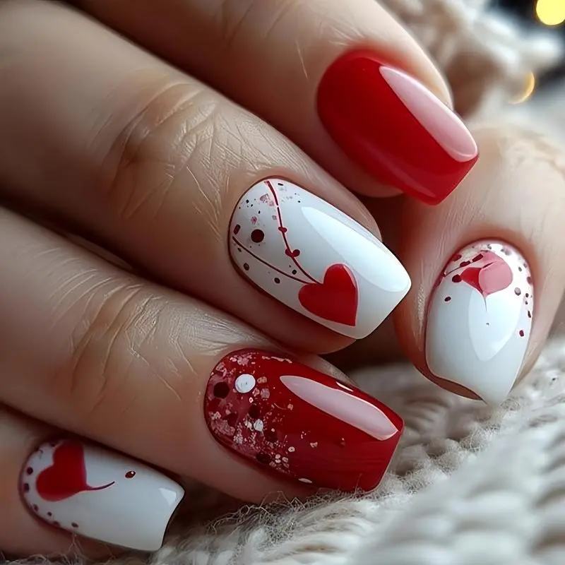 24PCS Valentine’s Day Press On Nails – Red Heart Smudge Design, Medium Long Square Fake Nails, Glossy Solid Color Manicure for Holiday Parties, Date Night & Everyday Wear, Diy Nail Art, Glossy Acrylic Nails