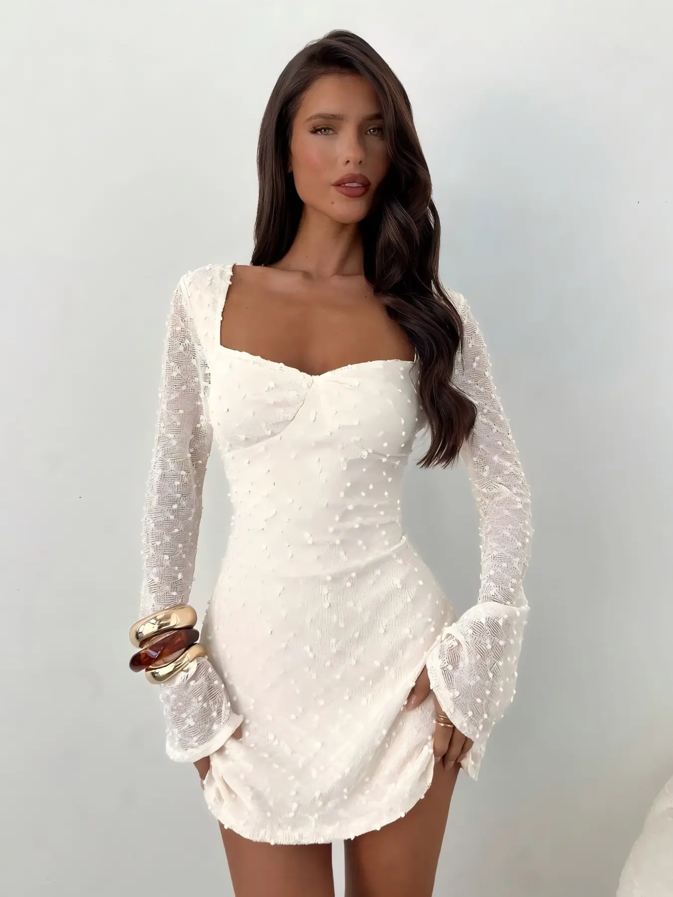 Women's Elegant Square Neck Pleated Bell Sleeve Long Sleeve Slim Fit A-Line Mini Dress, Elegant Chic Dress for Women, Stylish and Comfortable, Formal Wear, Elegant Dresses, Womenswear
