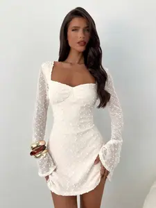 Women's Elegant Chic Square Neck Pleated Bell Sleeve Long Sleeve A-Line Mini Dress, Formal Evening Dress, Perfect for Spring & Fall