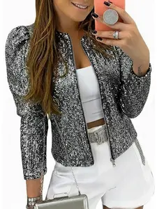 Women's Sequined Round Neck Short Jacket Coat, Elegant Sparkle Style, Zip Design, Perfect for Party, Daily Wear, Commuting, Gatherings