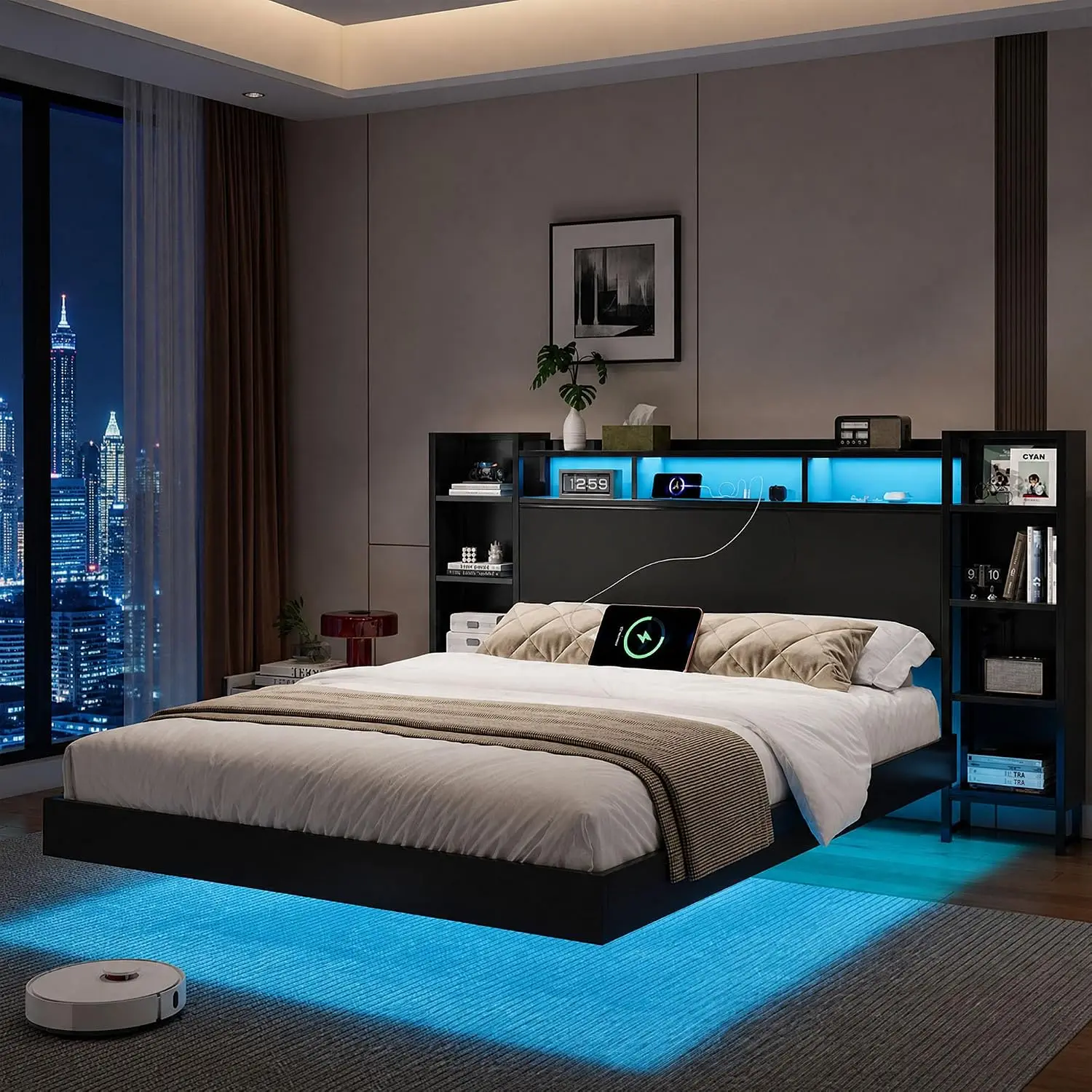 Twin Size Floating Bed Frame with USB Charging Station, Storage Headboard and with Led Light, Heavy Duty Metal Platform Bed Frame, No Box Spring Needed, Black