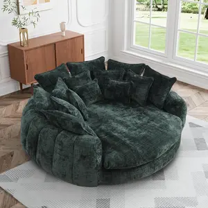 81.1" W Oversized Round Chaise Lounge, Fluffy Lazy Bean Bag Sofa with 14 Pillows, Comfy Chenille Upholstered Barrel Sleeper Bed