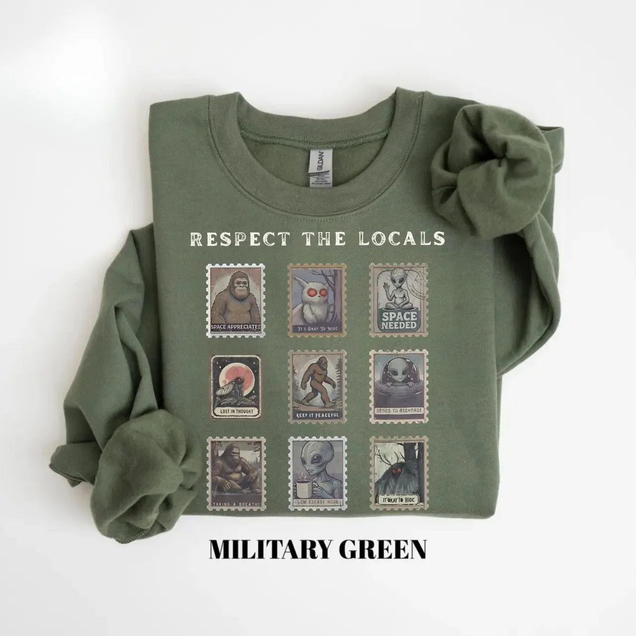 Respect The Locals Cryptid Sweatshirt, Cute Mothman Hiking Sweatshirt, Funny Bigfoot Gift for Introverts, Vintage Camping Alien Sweatshirt