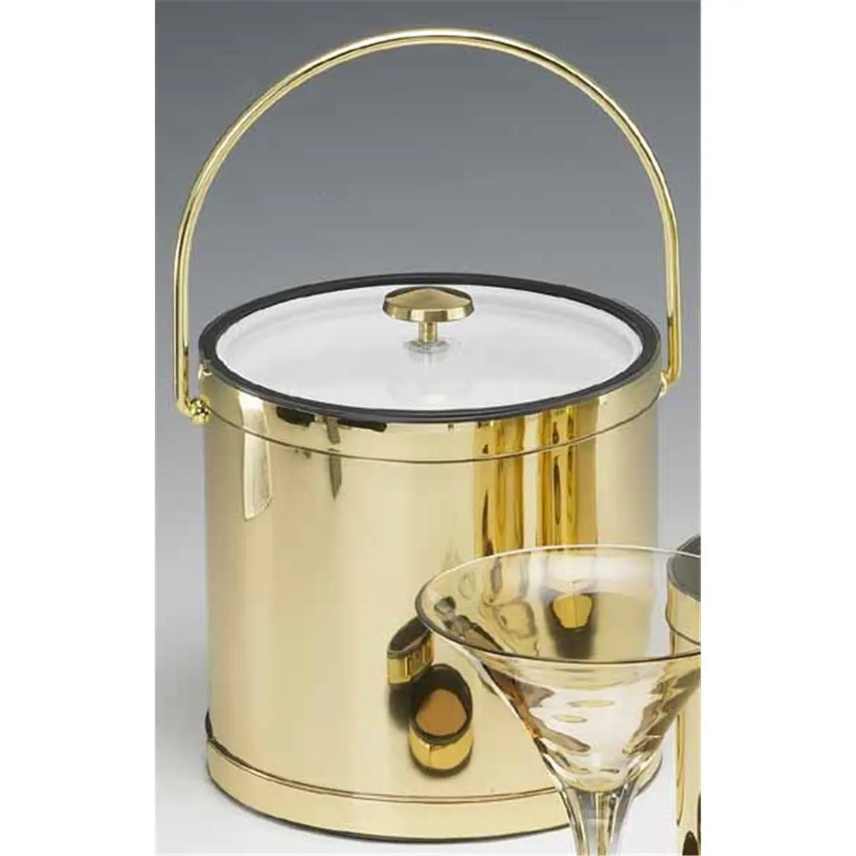 Kraftware 76064 Mylar Polished Brass 3 Quart Ice Bucket with Bale Handle Lucite Cover with Flat Knob