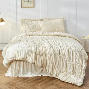 Bonlino Bed Ruched Comforter Set - 3 Piece, Boho Shabby Chic Bed Set, Fluffy  Bedding Soft Luxury Comforte for Bedroom, Ruffle Comforter with 2 Pillow Sham