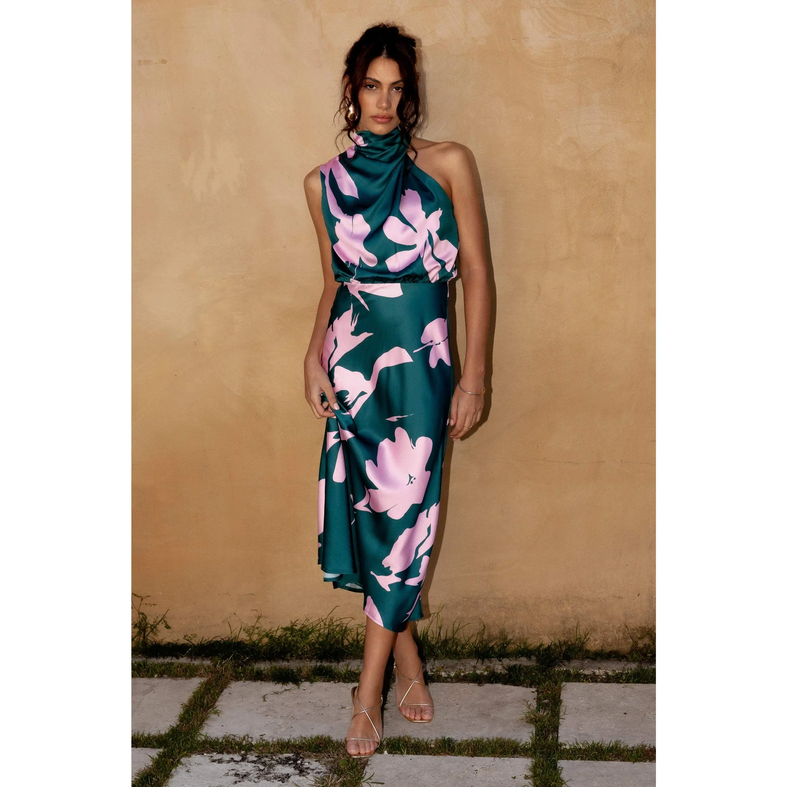Anabelle Halter Neck Midi Dress - Green Pink