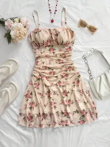 Spring Summer Fashion Dress, Women's Floral Print Romantic Style Fitted A-Line Mini Dress with Straps, Perfect for Party, Date, Evening, Valentine's Day, Easter, Carnival
