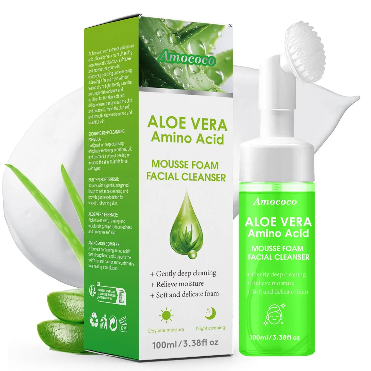 Aloe Vera Amino Acid Mousse Foam Facial  - Foaming Face  with Brush, Hydrating & -Softening, 3.38 fl oz, For All  Types Cleansing Face  facial foam  with Moisturizer Daily cell vy  zero  pore  cleansing acne  face glycolic Everyday cleanser Gentle